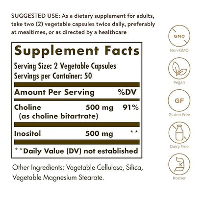 Solgar Choline/Inositol 500 mg/500 mg, 100 Vegetable Capsules - Energy Metabolism, Liver Health, Essential for Brain & Nerve Function - Non-GMO, Vegan, Gluten Free, Dairy Free, Kosher - 50 Servings