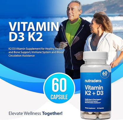 Vitamin D3 K2 Capsules for Men and Women - K2 D3 Vitamin Supplement for Healthy Heart and Bone Support, Immune System & Blood Circulation Assistance, Formulated in USA, 60 Veggie Capsules
