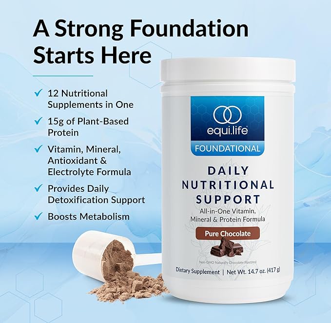 Equilife Daily Nutritional Support, All-in-one Multivitamin Meal Replacement, Pure Chocolate Flavor, with 15g Plant Protein, Supports Energy, Mood, Gut, and Skin Health (14 Servings Tub)