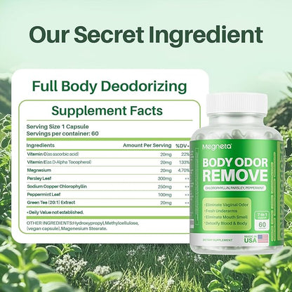 Body Deodorizing Supplement, Natural Internal Odor Control Pills for Men & Women, Chlorophyll Capsules for Skin, Breath, and Gut Health (60 Capsules)