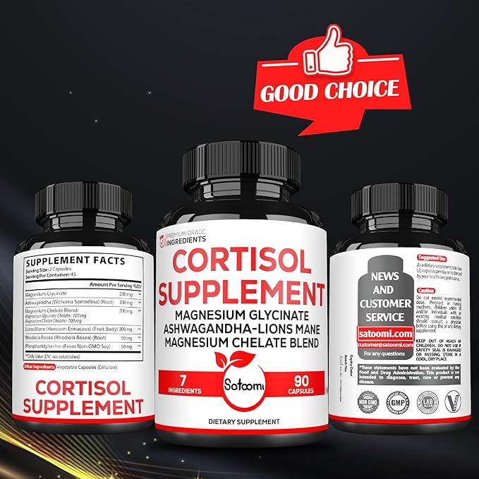 Satoomi 7in1 Cortisol Supplement - Magnesium Glycinate with Ashwagandha, Magnesium Glycinate and Citrate - Mood & Rest Well & Resilience - 90 Capsules for 45 Days