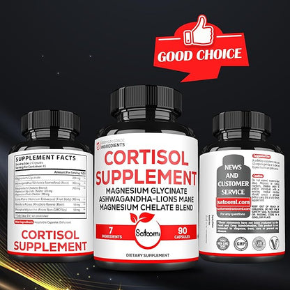 Satoomi 7in1 Cortisol Supplement - Magnesium Glycinate with Ashwagandha, Magnesium Glycinate and Citrate - Mood & Rest Well & Resilience - 90 Capsules for 45 Days