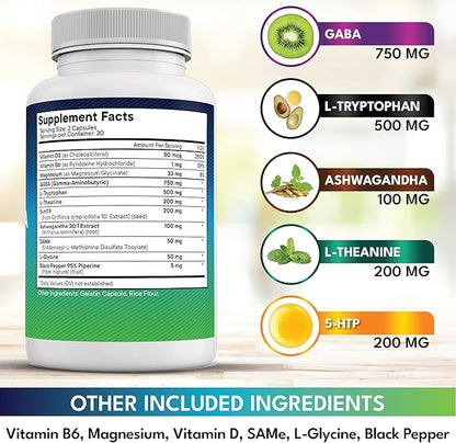 NEW AGE GABA 750mg 5 HTP 200mg L Tryptophan 500mg L Theanine 200mg Ashwagandha SAM-e L-Glycine - Vitamins for Women and Men with L-Tyrosine 5-HTP (5-Hydroxytryptophan) - 180 Count