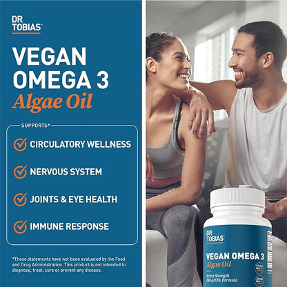 Dr. Tobias Vegan Omega 3 Supplement, 1400mg Algae Oil, 420mg DHA, and 210mg EPA per Serving, Non-GMO, Gluten-Free, Carrageenan-Free, 60 Capsules, 30 Servings