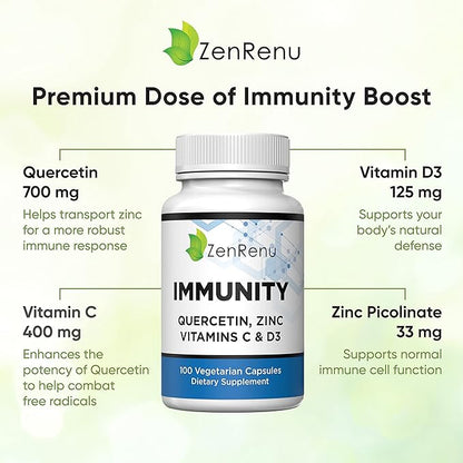 Zenrenu Immunity Quercetin 700 mg Zinc Vitamin C Vitamin D Immune Support Supplement with Curcumin - Easy to Absorb Immunity Supplement, 100 Vegetarian Capsules 50 Day Supply