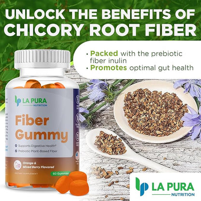 LaPura Prebiotic Chicory Root Fiber Gummy 5g, 60 Gummies - Supports Digestive Health, Prebiotic Plant-Based Fiber Blend - Orange & Mixed Berry Flavor - Non-GMO, Gluten-Free, Made in USA