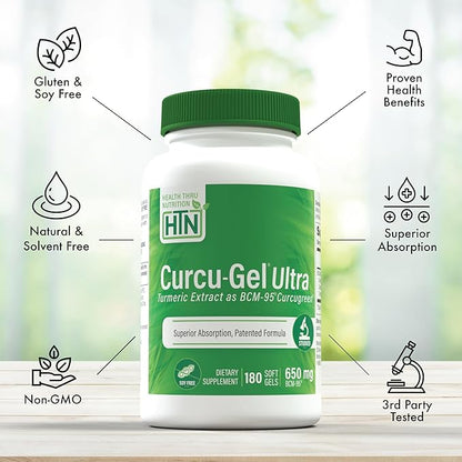 Health Thru Nutrition Curcu-Gel 650mg BCM-95® CurcuGreen Turmeric Curcumin | High Absorption | Healthy Inflammation Response | Clinically Studied | 3rd Party Tested | Non-GMO (Pack of 180)