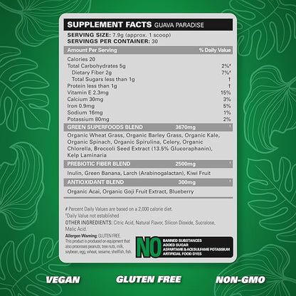 EHP Labs OxyGreens Super Greens Powder - Spirulina & Chlorella Superfood, Green Juice Powder & Greens Supplements with Prebiotic Fibre, Antioxidants & Immunity Support, 30 Serves (Guava Paradise)