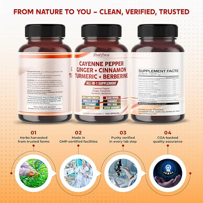 Cayenne Pepper Ginger Turmeric Berberine - Digestion, Gut Heath Support - Made in USA