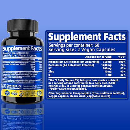 Magnesium Potassium Supplement, 1600mg Liposomal Magnesium Aspartate, Potassium Chloride, with Zinc, K2, Vitamin B1 for High Blood Pressure, Support Vascular, Bone & Leg Cramps, 120 Veg Capsules