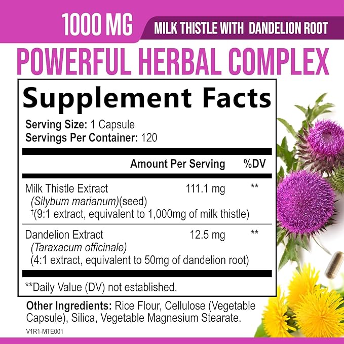 Milk Thistle Extract - Liver Cleanse Detox & Repair Formula with Dandelion Extract 1000mg - Herbal Liver Supplement - Nature's Milk Thistle w/Silymarin Marianum, Supports Liver Health - 120 Capsules