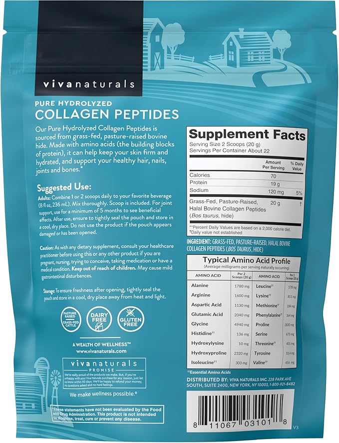 Hydrolyzed Collagen Peptides Powder - 1 lb Grass-Fed & Pasture-Raised Collagen for Women, Type I & III Unflavored Bovine Collagen Powder for Men, Collagen Protein Powder For Hair, Skin, & Nails