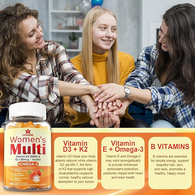 Womens Multivitamin Gummy with Omega 3（DHA/EPA), Vitamin D3 K2, Calcium, Inositol, Daily Womens Vitamin A C E B Complex, L-MethylFolate, Methyl B12,Sugar Free Methylated Multivitamins Minerals, 60Cts