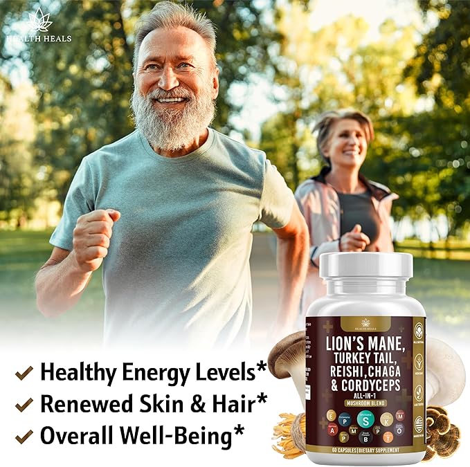 Mushroom Supplement with Lion's Mane Turkey Tail Reishi Cordyceps Chaga Marshmallow Root - 60 Count