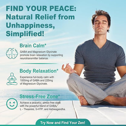 GABA Supplement - 1000 mg Liposomal Form for Optimal Absorption,GABA with L-Theanine, Magnesium Glycinate, 5HTP, Vitamin D3 for Brain Calm, Mood, Zzz Better - Melatonin-Free 120 Softgels.