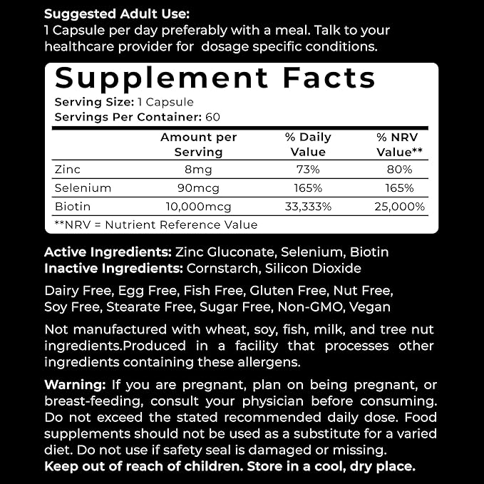VWS Biotin 10,000 mcg Dietary Supplement w/Zinc & Selenium to Promote Thicker Hair Growth, Stronger Nails & Healthy Skin for Women and Men, 60 Vegan Capsules
