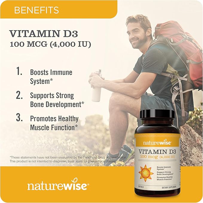 NatureWise Vitamin D3 4000iu (100 mcg) 30-Day Supply for Immune Support, Healthy Muscle Function, and Bone Health - Non-GMO, Gluten Free in Organic Extra Virgin Olive Oil, (Mini Softgel), 30 Count