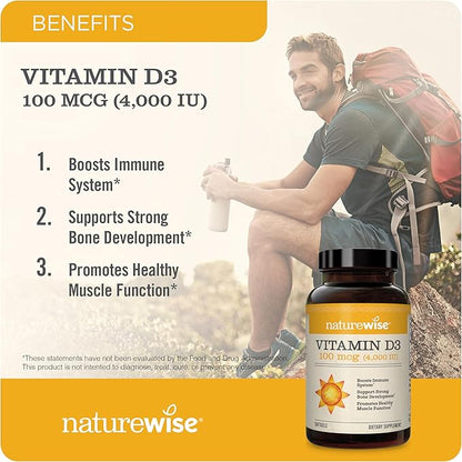 NatureWise Vitamin D3 4000iu (100 mcg) 30-Day Supply for Immune Support, Healthy Muscle Function, and Bone Health - Non-GMO, Gluten Free in Organic Extra Virgin Olive Oil, (Mini Softgel), 30 Count