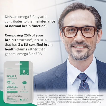 DHA Supplements (30) | Double Concentrate Omega 3 DHA 550mg PER Capsule - 1 a Day| Brain & Eye Health | Vegan DHA - Omega 3 Algae Oil | Sustainable DHA Capsules