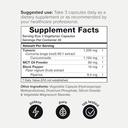 Turmeric Curcumin - Ultra High Potency 60:1 Extract with 97% Curcuminoids - 1200mg Per Serving - Black Pepper & MCT Oil for Enhanced Absorption - Third-Party Lab Tested - 120 Capsules