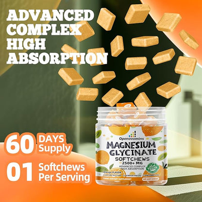 Magnesium Glycinate Soft Chews, Orange Flavor.Chewable Sugar Free Potassium Magnesium Chews with Magnesium Glycinate, Vitamin D, B6, and CoQ10 for Calm Support & Sleep for Adults, 60 Days Supply