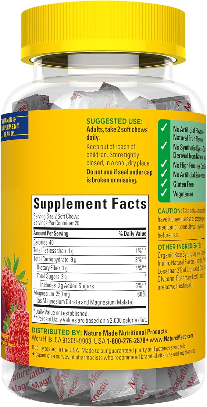 Nature Made High Absorption Magnesium Complex Soft Chews, Magnesium Supplement for Muscle, Heart, Bone Support, Magnesium Citrate & Malate Blend 250 mg per Serving, 40 Vegetarian Chews, 20 Day Supply