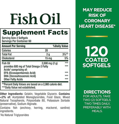 Nature's Bounty Fish Oil, Supports Heart Health, Dietary Supplement, 300mg Omega-3, 120 Coated Softgels