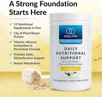 Equilife Daily Nutritional Support, All-in-one Multivitamin Meal Replacement, Pure Vanilla Flavor, with 15g Plant Protein, Supports Energy, Mood, Gut, and Skin Health (14 Servings Tub)