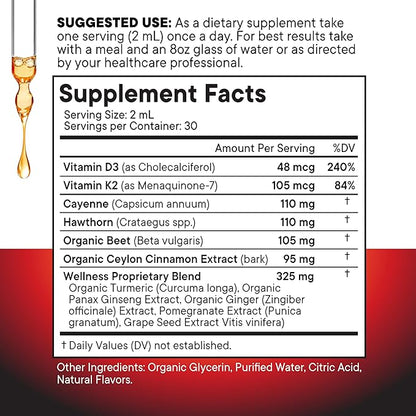 Cayenne Pepper Supplement Liquid Drops + Hawthorn Berry, Vitamin D3 K2 Beet Root Powder, Ceylon Cinnamon, Turmeric Curcumin, Organic Panax Ginseng - 8 oz