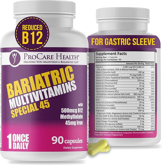 ProCare Health Bariatric Multivitamin with Iron (90 Capsule) - 45mg Iron with Reduced B12 - Post Op Bariatric Vitamins for Gastric Bypass Sleeve Patients, Sustains Recovery & Energy (03 Month Supply)