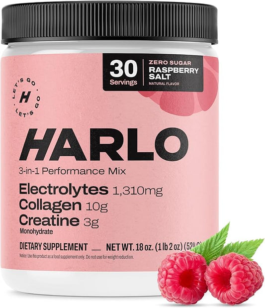 Harlo - Raspberry Salt Electrolyte Drink Mix with Bovine Collagen & Creatine- Creatine Monohydrate Powder - Energy Drink Powder - Pre Workout Powder - Sugar Free Energy Drinks - Post Workout Recovery