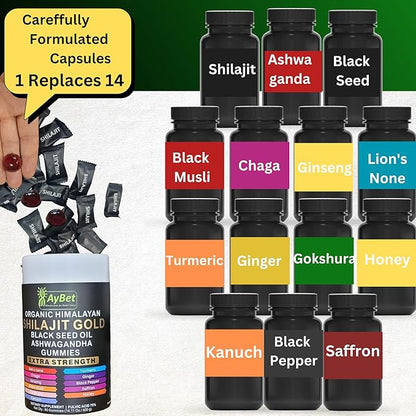 Organic Pure Himalayan Shilajit Gold Gummies for Men and Women, Black Seed Oil, Ashwagandha, Ginseng, Turmeric, Gokshura, Lion's None, Lab Tested,%75 Fulvic Acid, No Sugar Added, Halal, 90Gummy