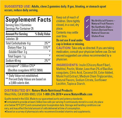 Nature Made Probiotic + Prebiotic Fiber Gummies, Gut Health, Fiber Supplement and Probiotics for Digestive Health, 50 Gummies, 25 Day Supply