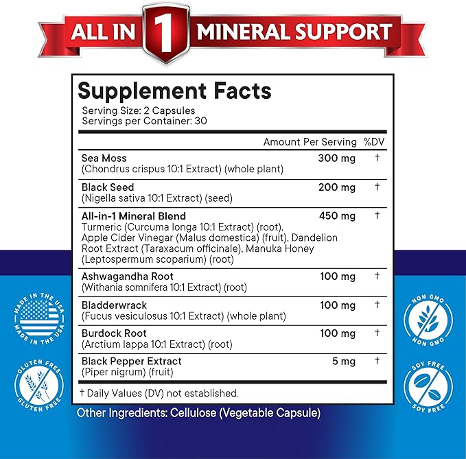 NEW AGE Silica Sea Moss, Black Seed Oil, Ashwagandha, Turmeric, Bladderwrack, Burdock - with Manuka, Honey Dandelion, ACV Black Pepper Gluten Free