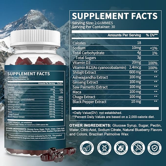 Himalayan Shilajit Gummies with 85+ Trace Minerals & Fulvic Acid for Energy, Immune, Cognitive Support High Potency Pure Natural Shilajit Supplement for Men & Women 60 Gummies (1 Pack)