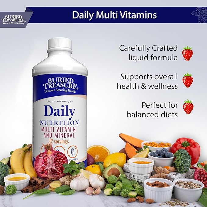 Buried Treasure Daily Nutrition Liquid Multivitamin and Mineral Supplement with Trace Minerals, Superfoods, Vitamin A, B-Complex, C, D, E, Methylfolate, Biotin, Magnesium, Zinc, Resveratrol, 32 serv