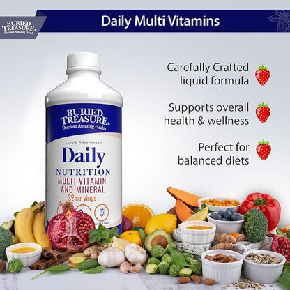 Buried Treasure Daily Nutrition Liquid Multivitamin and Mineral Supplement with Trace Minerals, Superfoods, Vitamin A, B-Complex, C, D, E, Methylfolate, Biotin, Magnesium, Zinc, Resveratrol, 32 serv