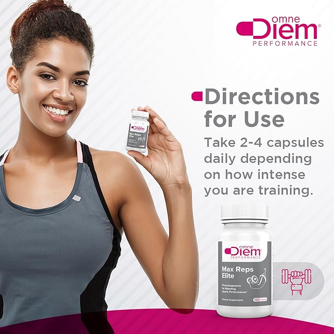 Omne Diem Max Reps Elite Capsules - Phenylcapsaicin Sports Performance Dietary Supplement - Supports Maximum Workout and Recovery & Reduces Fatigue - for Men & Women - 120 ct