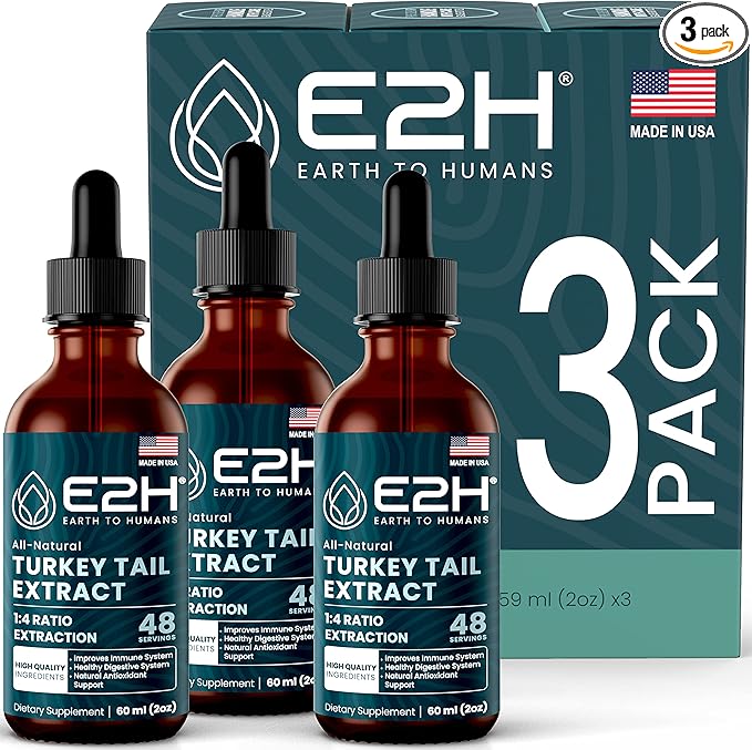 E2H Turkey Tail Mushroom Extract - All-Natural Immune System & Digestive Support from Advanced Mushroom Supplement - Turkey Tail Mushrooms Supplement - Non-GMO, Vegan (3 Bottles)