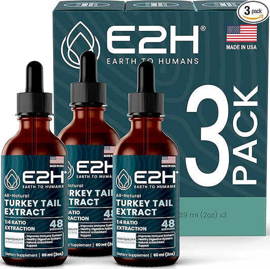 E2H Turkey Tail Mushroom Extract - All-Natural Immune System & Digestive Support from Advanced Mushroom Supplement - Turkey Tail Mushrooms Supplement - Non-GMO, Vegan (3 Bottles)