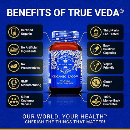 Bacopa Monnieri Supplement - Bacopa Supplements | USDA Organic Bacopa Monnieri Organic | 20X Concentrated Extract | 50% Bacosides | Brahmi Capsules | 60 Bacopa Monnieri Capsules | Bacopa Extract