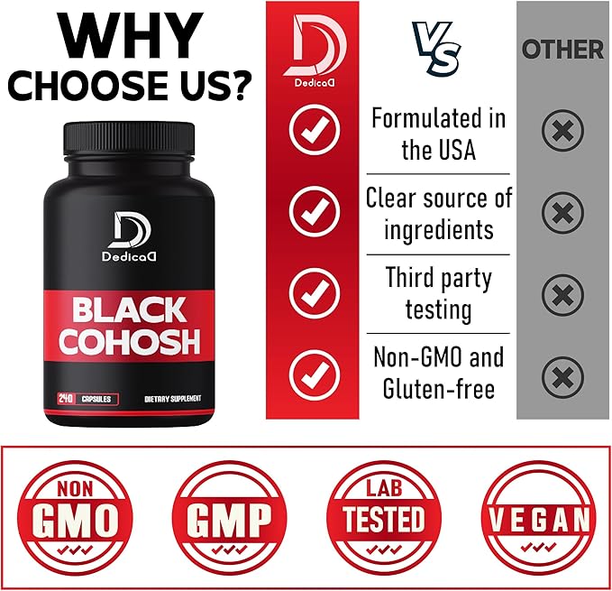 1000mg Black Cohosh for Menopause Hot Flashes - 240 Capsules for 4-Month Supply - Support for Body Management, Women's Health & Immune System