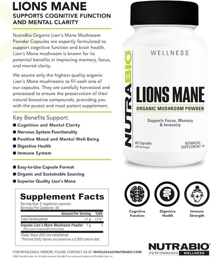 NutraBio Lions Mane Supplement Capsules- Organic Lion's Mane Mushroom Powder- Mushroom Supplement Capsules (500mg)- 60 Vegetable Capsules