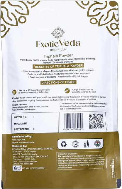 Organic Triphala Powder - Detox Cleanse for Lung, Liver, Colon, and Gut Health - Herbal Skin Care and Fiber Powder - Detox Ghrita and Triphala Organic India - 100g