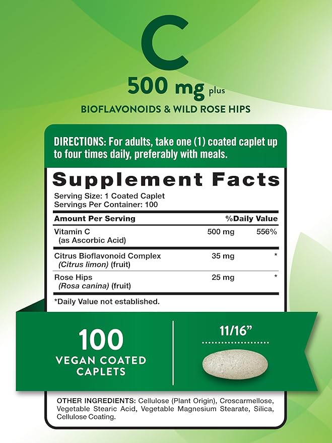 Nature's Truth Vitamin C with Rose Hips and Bioflavonoids | 500mg | 100 Caplets | Vegan, Non-GMO & Gluten Free