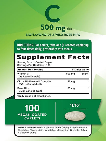 Nature's Truth Vitamin C with Rose Hips and Bioflavonoids | 500mg | 100 Caplets | Vegan, Non-GMO & Gluten Free