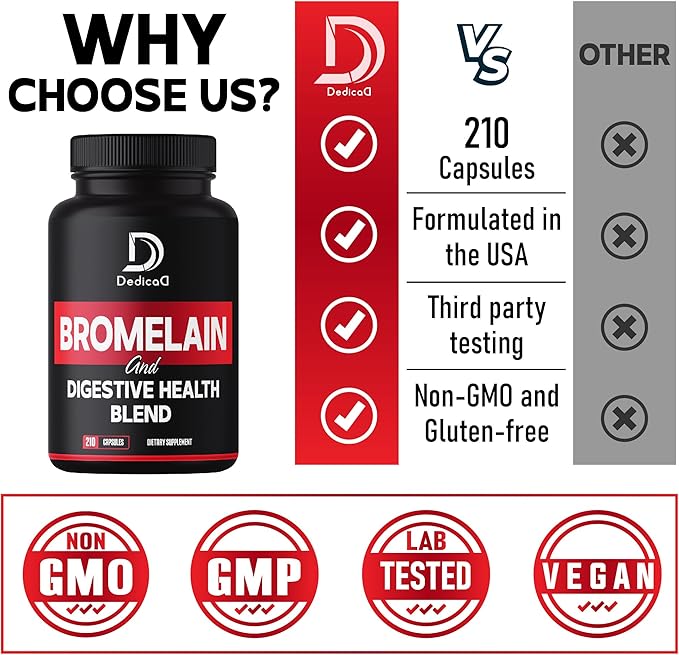 6in1 Bromelain 500mg Supplement - 1000mg per Serving - 210 Capsules with Digestive Health Blend as Quercetin, Ginger, Turmeric, Papaya - Support Overall Health, Digestion & Immune System