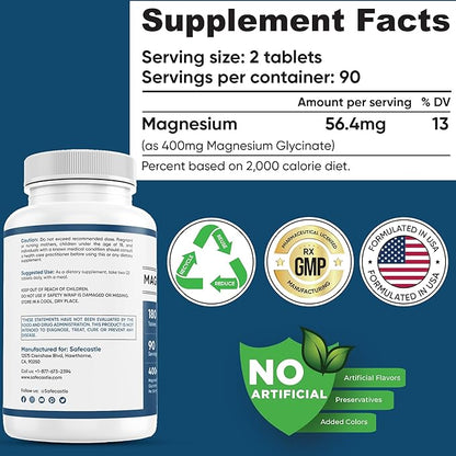 400 mg Magnesium Glycinate 180 Tablets Non Buffered High Absorption Non-GMO Promotes Cardiovascular Health Supplement for Stress Relief, Sleep, Heart Health, Ease Muscles, Calm Headaches, Nerves