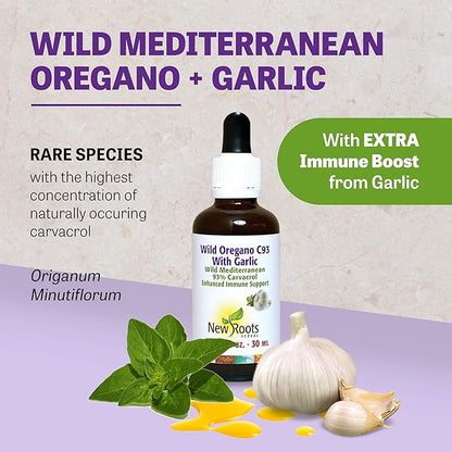 New Roots | Wild Oregano Oil Drops with Garlic (30 ml) | C93 Extra Strength with Highest Concentration Carvacrol (93%), Hand-Picked Mediterranean Oregano Oil Liquid