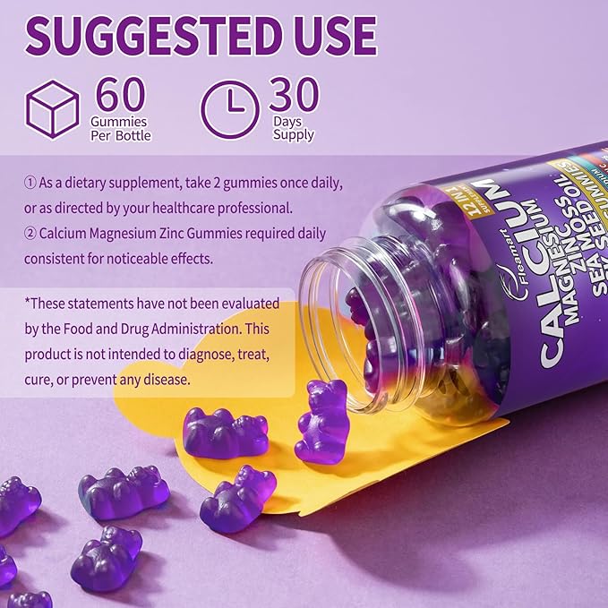 Calcium Magnesium Zinc Supplement Gummies Sugar Free for Women and Men Calcium Gummies Supplement Bone & Immune Support Made in USA 60 Counts Blueberry Flavor